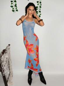 SHEIN Unity Women's Floral Print Vacation Asymmetric Hem Slip Dress - Multicolor - View 5