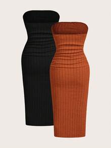 SHEIN EZwear 2pcs Set: Ribbed Knit Cropped Top And Skirt Dress - Rust Brown - View 2