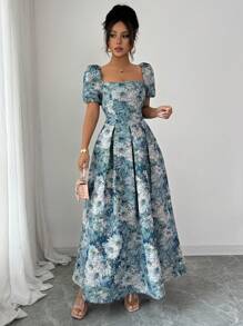 Elenzga 女士优雅刺绣泡泡袖中长连衣裙，夏季