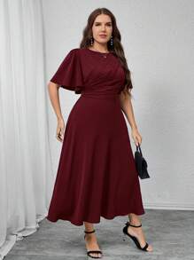 Modelyn Đầm xòe xếp ly tay ngắn cổ tròn màu trơn thanh lịch cỡ lớn cho nữ, mùa hè - Màu Đỏ Sâu - Xem 4