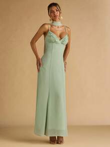 SHEIN BAE Spring And Summer Women's Solid Green Chiffon Exquisite Floral Pattern Hot Rhinestone Ribbon Decoration Elegant Maxi Dress, Vacation Dress ,Birthday Dress - Green - View 4