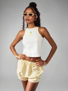 MISSGUIDED Y2K Summer Festival Racerback Tank Top Retro Sleeveless Crop Top With Fruit Logo Fashion Essential Urban Streetwear Basic Casual