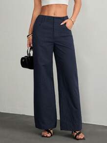 SHEIN PETITE Women's Casual Fashionable Summer Vacation Striped Print Pocket Loose Pants For Daily Wear - Navy Blue - View 5