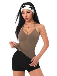 Easithlete Women's Plain Color Ruched Casual Sports Top - Brown - View 3