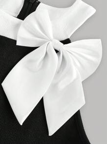 SHEIN Girlism 少女拼色吊带无袖蝴蝶结装饰撞色下摆褶皱迷你连衣裙，优雅、复古、甜美