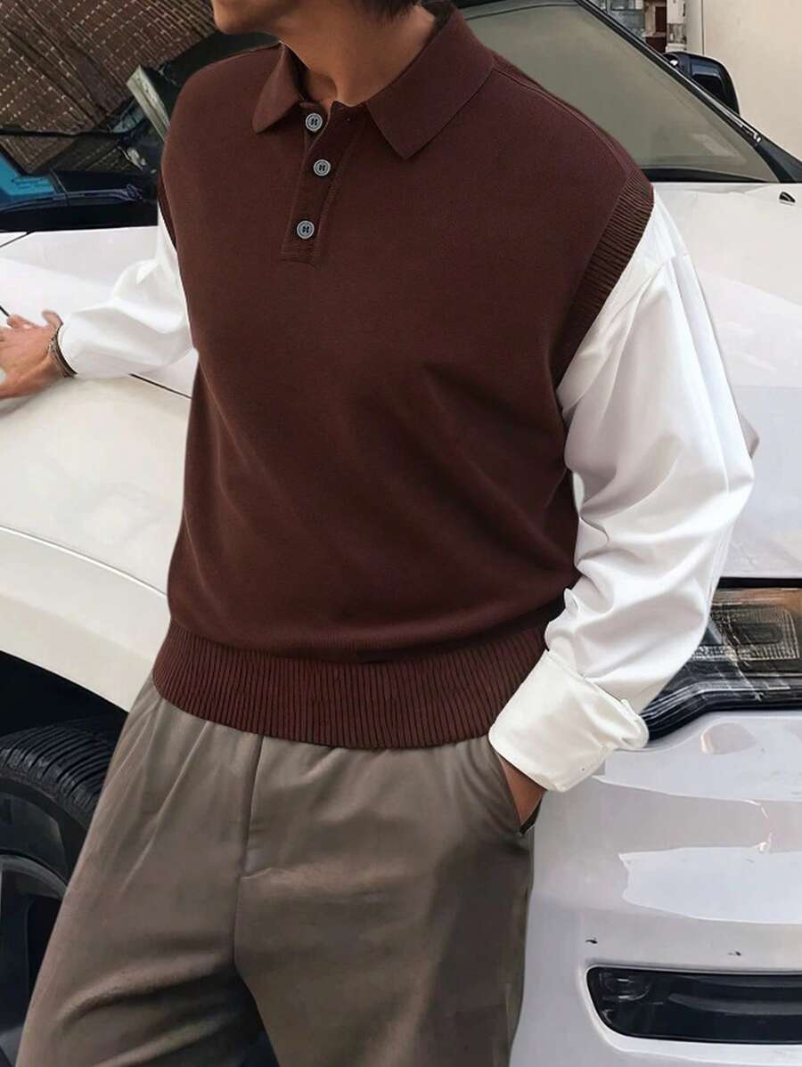 Manfinity Homme 男士纯色 Polo 领休闲针织毛衣背心,秋冬 - 彩色 - 查看 1