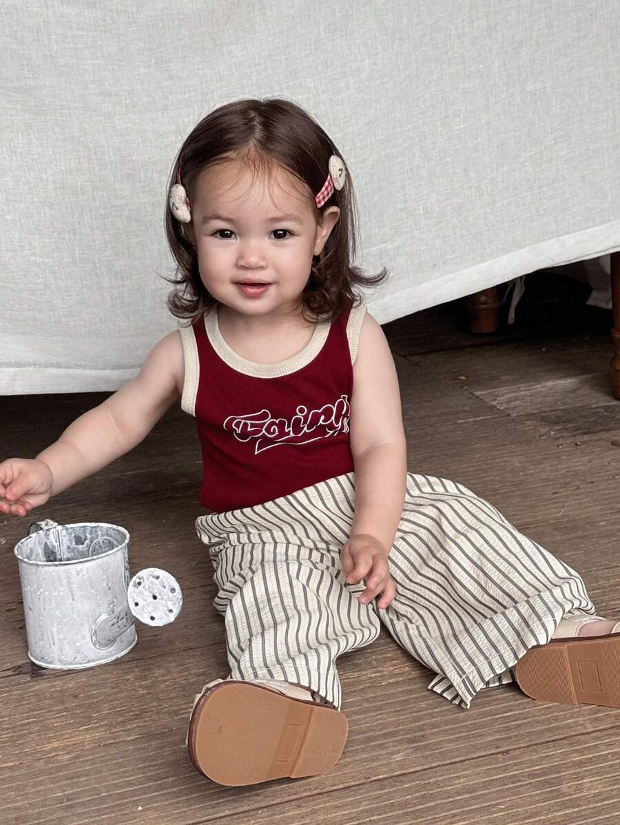 Hapijoa 2件套婴幼儿女童圆领吊带背心和宽松条纹阔腿裤家居服套装 - 紅色 - 查看 1