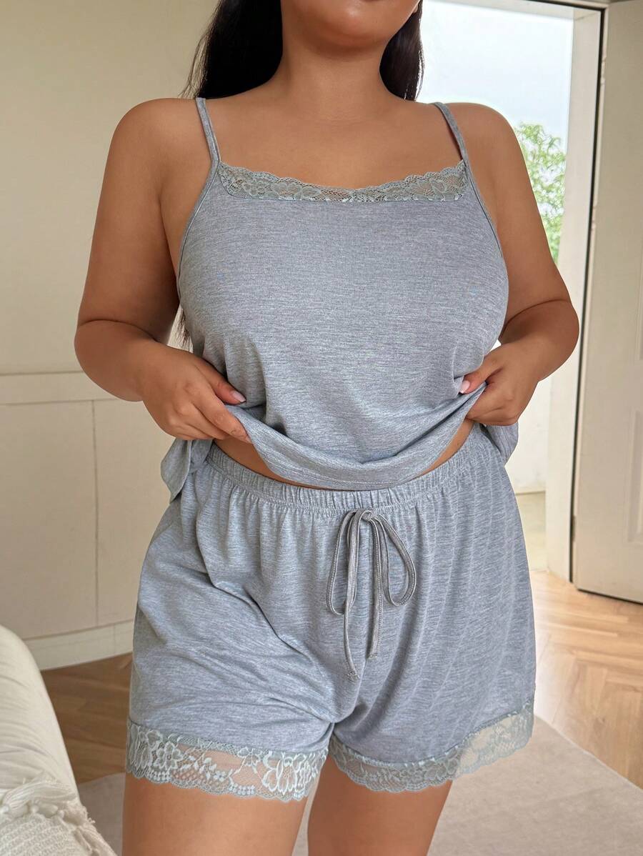 SHEIN Koronkowy top i szorty damskie w dużych rozmiarach, komplet piżamowy, stroje