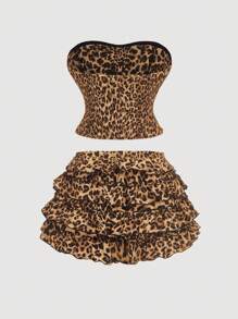 SHEIN MOD Conjunto de 2 piezas para mujer con top cropped sin tirantes + falda con estampado de leopardo en capas, atuendo para festival de verano