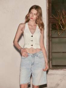 Lumivelle Women's Single-Breasted Casual Cropped Halter Neck Denim Shirt - White - View 5