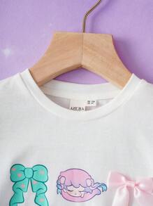 Pop Mart Azura X SHEIN Young Girl Cartoon & Bow Print Fantasy White Casual Sweet Cute Short Sleeve T-Shirt