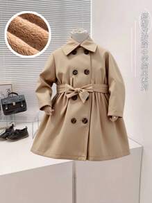 SHEIN Baby Girl Cute Simple Khaki Color Thermal Lined Long Coat With Lapel, Fall Winter