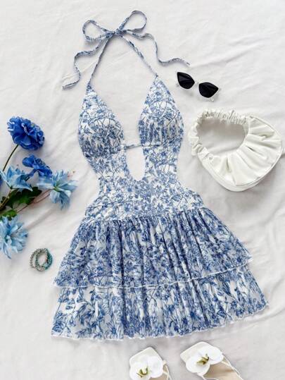 Soleia 春夏假日蓝白花卉印花深V领露背系蝴蝶结腰部荷叶边下摆迷你连衣裙，适合派对、性感约会、下午茶、街头、度假、音乐节、海滩