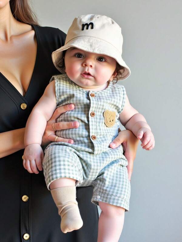 SHEIN Enterizo de bebé niño con cuello henley bordado con oso lindo, con bolsillos, adecuado para uso diario, casual, vacaciones, deportes, primavera/verano, ropa de bebé niño, ropa de bebé, mameluco de bebé