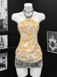 EgrlEra Women Floral Print Halter Backless Sleeveless Top For Summer