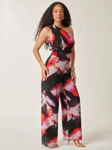 Vixey Black Floral Summer Tropical Jumpsuit For Women,One Shoulder Cut Out Ruching Detail Wide Leg Chiffon Jumpsuits,Vacation Holiday Wedding Guest Dress - Black - View 6