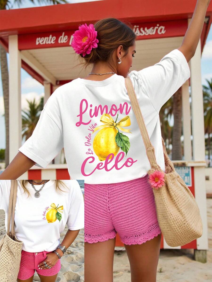 EMERY ROSE 加大码女式柠檬“Limon Cello”字母图案T恤，可爱水果柠檬T恤夏季 - 白色 - 查看 1