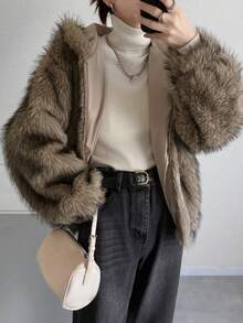 FRIFUL Chaqueta con capucha de piel sintética para mujer para otoño/invierno