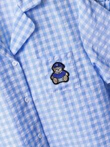 SHEIN Dozemod Kids Tween Boy Simple Patch Pattern Bear Decor Lapel Patch Short Sleeve Top & Loose Casual Woven Shorts 2Pcs Pajama Set;Comfortable, Homely - Baby Blue - View 7