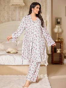 CottageSlumber 大码印花吊带背心、长裤和睡袍套装，舒适优雅，秋冬服饰