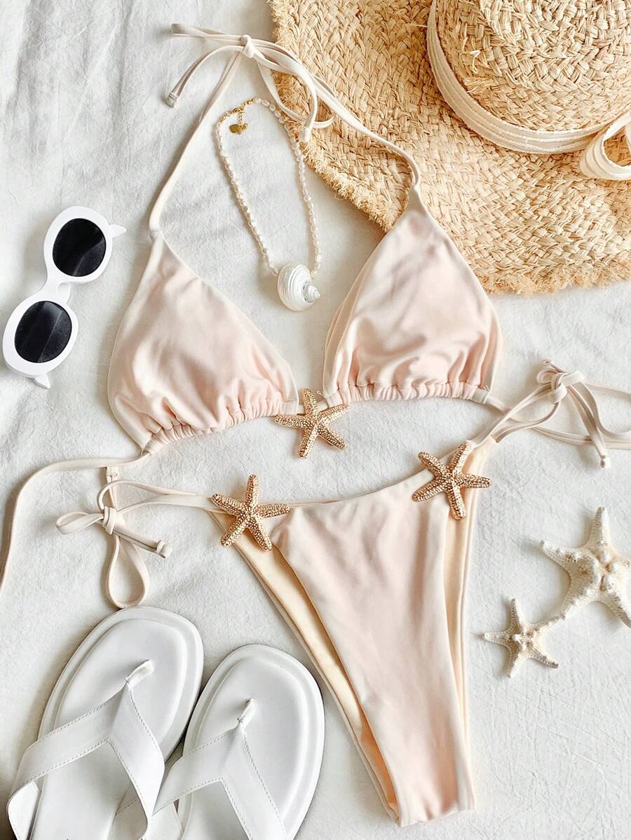 Comfortcana 2-Piece White Summer Casual Sequin Vacation Holiday Solid Color Gold Star Accessories Tube Top Bikini+High Waist Starfish Briefs Seaside Beach - Yellow - View 1