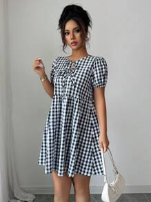 Elenzga Women's Casual Plaid Lace-Up Short Dress, Summer