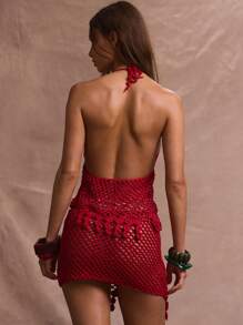 Musera Resort 钩针针织露背不对称下摆花朵细节上衣夏季，伊比沙岛风格，假日，度假，性感，浪漫，海滩罩衫泳衣 Sagrada