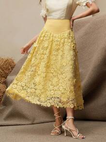 Anewsta 新款女装优雅水溶花边浪漫蓬松裙夏装奶油黄 - 黃色 - 查看 4