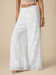 SHEIN PETITE Women's Casual Elegant Bohemian Holiday Beach White Patterned Textured Jacquard Loose Flared Pants, Summer, Boho
