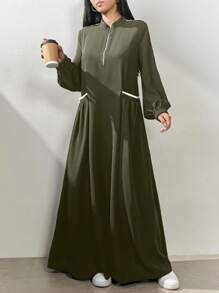 Al Najma 綠色女款拉鍊長袖時尚口袋溫柔優雅阿拉伯風洋裝，休閒運動風，適合日常/工作/返校穿著長洋裝 - 墨綠色 - 查看 4