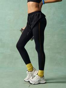 VARSIVA Versatile Black 2-In-1 Active Bottoms For Women Long Knitted Leggings Featuring Tummy Control, D Outer Drawstring Shorts With Mesh Details Perfect For Gym Workouts And Yoga.