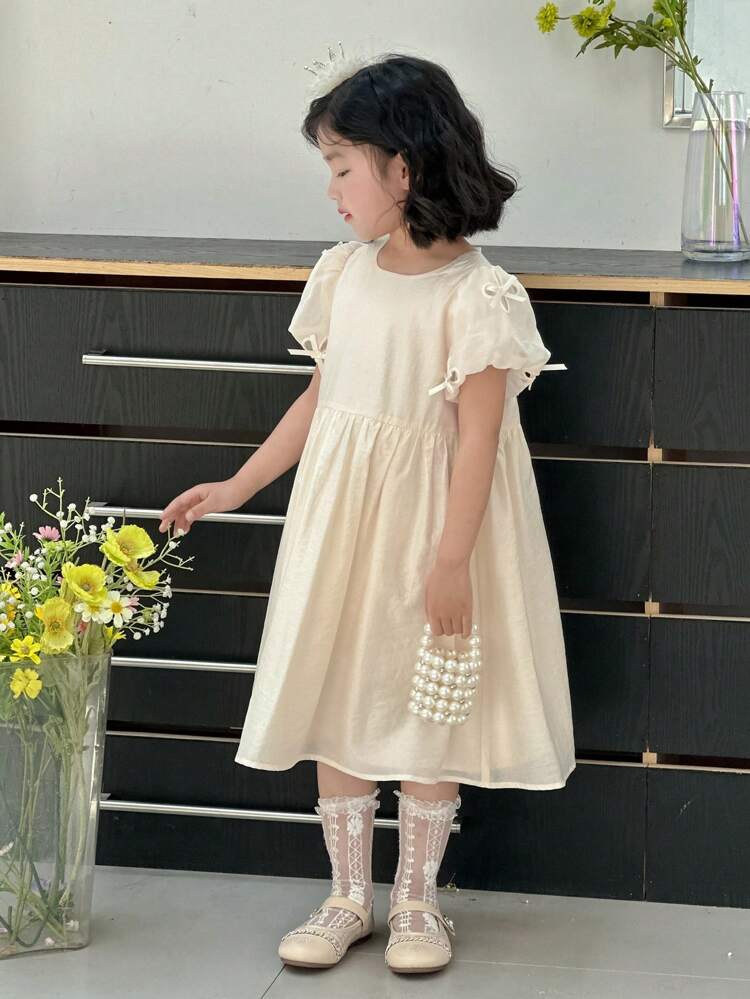 Young Girl' Sweet Korean Style Cute Fresh Puff Sleeve Mini Dress, Summer