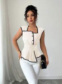 Rafferiza Women's Sleeveless Square Neck Waist-Defined Flare Hem Elegant Casual Commute Work Versatile Collared Blouse, Contrast Black & Apricot Color, Spring/Summer - Apricot - View 6