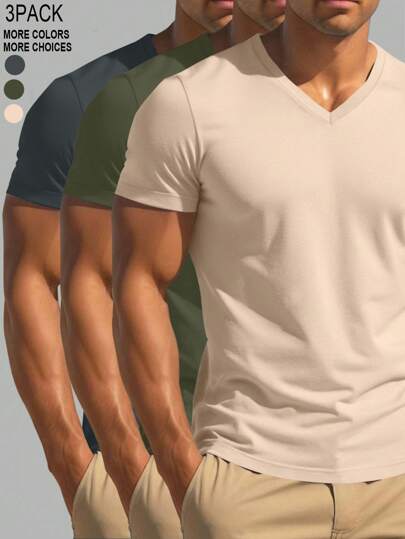 Manfinity Homme 3 piezas Camiseta casual de verano de cuello en V de manga corta y unicolor para hombres. Camisetas de cuello en V para hombres, paquete de camisetas lisas. Una gran opción de regalo para un novio o esposo.