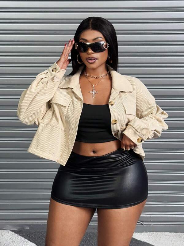 SHEIN PETITE Plus Size Women Spring & Autumn Casual Solid Color Short Jacket