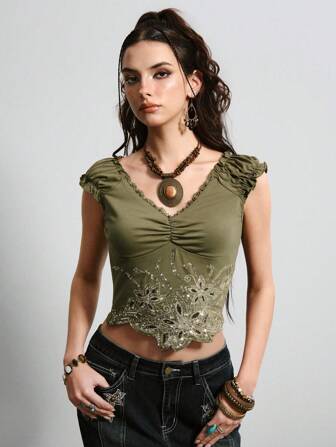 Hippie Women's Retro Bohemian Style Sequin Embroidery Asymmetrical Hem Lace Trim T-Shirt
