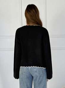 SHEIN EZwear Women's Autumn Contrast Shell-Edged Black Wool Cardigan, Suitable For Daily Street Wear - Black - View 2