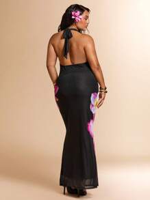 SHEIN BAE Plus Size Women's Summer Elegant Resort Date Floral Printed Stretch Mesh Halter Neck Dress,Birthday Dresses For Women,Back To School Girls Clothes,Girls Summer Outfits,Fall Clothes,School Clothes,Halloween,Winter,Y2k Clothes ,Vintage,Vacation Outfits Woman,Plus Size Women Clothes,Summer Dresses For Women,Wedding Guest Dress Women - Pink - View 2