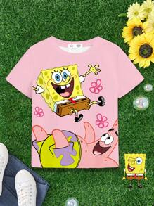 SpongeBob SquarePants | SHEIN 青少年女孩宽松圆领休闲舒适有趣可爱卡通图案短袖 T 恤，夏季 - 白色 - 查看 5