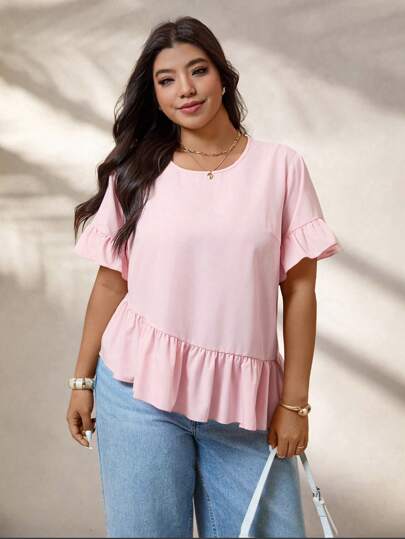 Weeklong Blusa casual holgada con volantes en las mangas y bajo asimétrico, para mujer de talla grande, para verano