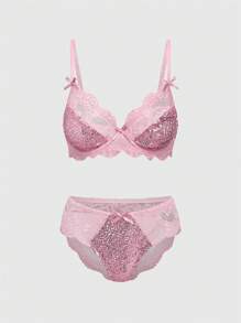 ROMWE J-Fashion Y2K Party New Year Valentine's Day Sequin Lace Patchwork Underwire Bow Decor Lingerie Set - Pink - View 2