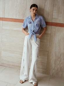 MOTF PREMIUM GUIPURE LACE INSERT SLANT POCKET WIDE LEG JEANS