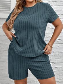 SHEIN LUNE 2件套大码女式夏季纯色圆领短袖T恤和短裤休闲套装 - 霧霾藍 - 查看 1