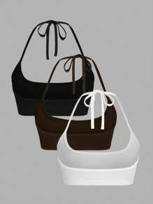 EgrlEra 3pcs Women's Sexy Solid Color Ribbed Cropped Halter Tops, Summer - Multicolor - View 2