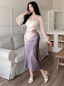 DAZY 2pcs Women Set: Ombre Sleeveless Dress & Cover Up Cover Up, Elegant Style For Summer Carnival - Purple - View 4