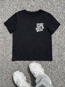 Áo thun cổ tròn tay ngắn in hình mặt và chữ Tween Boy Casual Minimalist Casual, thoải mái, mùa hè - màu đen - Xem 2