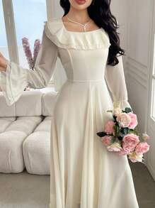 Modelyn Women Elegant Solid Color Flare Sleeve Ruffle Hem Dress, Autumn Maxi Women Outfit Long Evening Dresses Fall Cloth For Women - Apricot - View 3