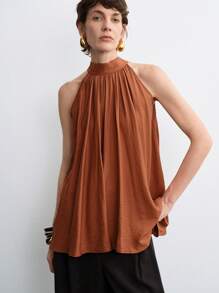 Aalyst Women's New Summer Woven Solid Tie-Neck Pleat Trim Sleeveless Shirt Blouse