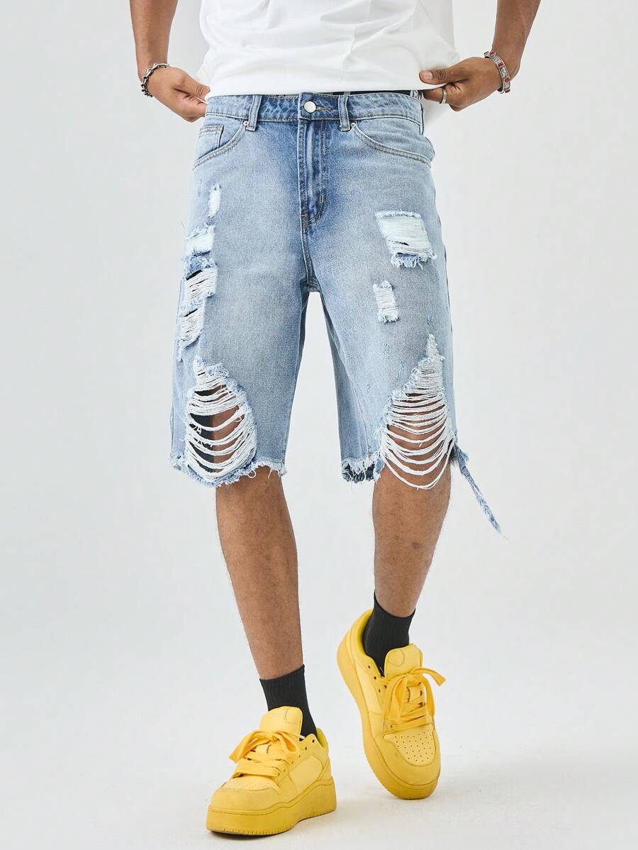 Manfinity EMRG Quần short denim rách thời trang nam - Rửa nhẹ - Xem 1