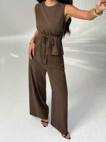 SHEIN PETITE 女装夏季休闲纯色不对称下摆马甲西装裤套装商务女装性感办公室女士两件套老花教师装秋季女装老花风格办公室仙女风 - 咖啡棕 - 查看 7